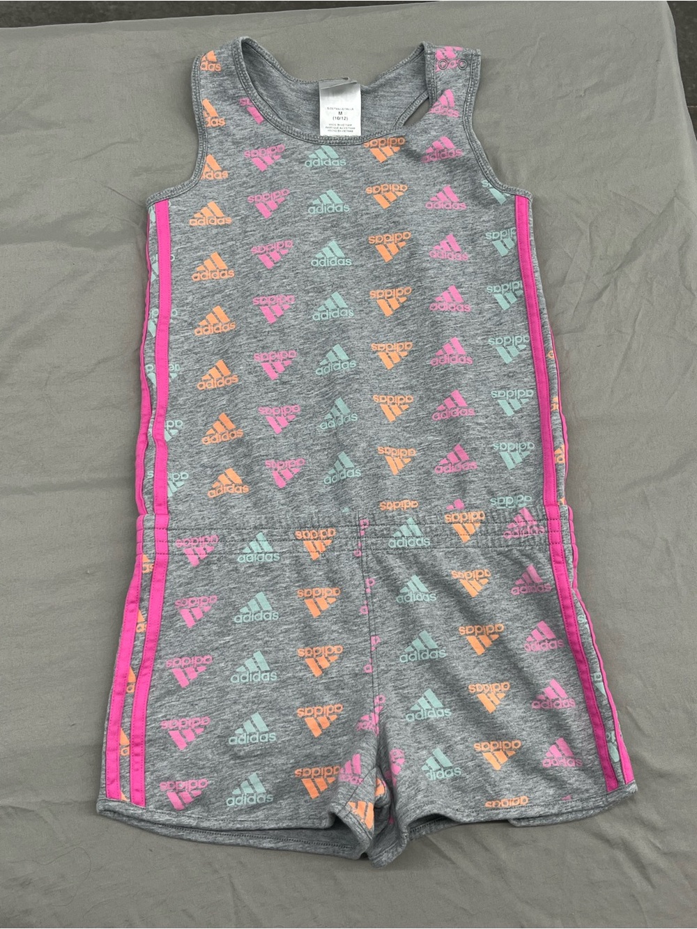adidas Gray Romper with Pink, Orange & Baby Blue Logos Girls Size Medium 10/12